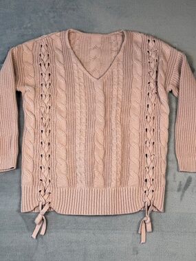 Womens Cable Knit Sweater Lace Up Side V Neck Beige Cotton Size M
